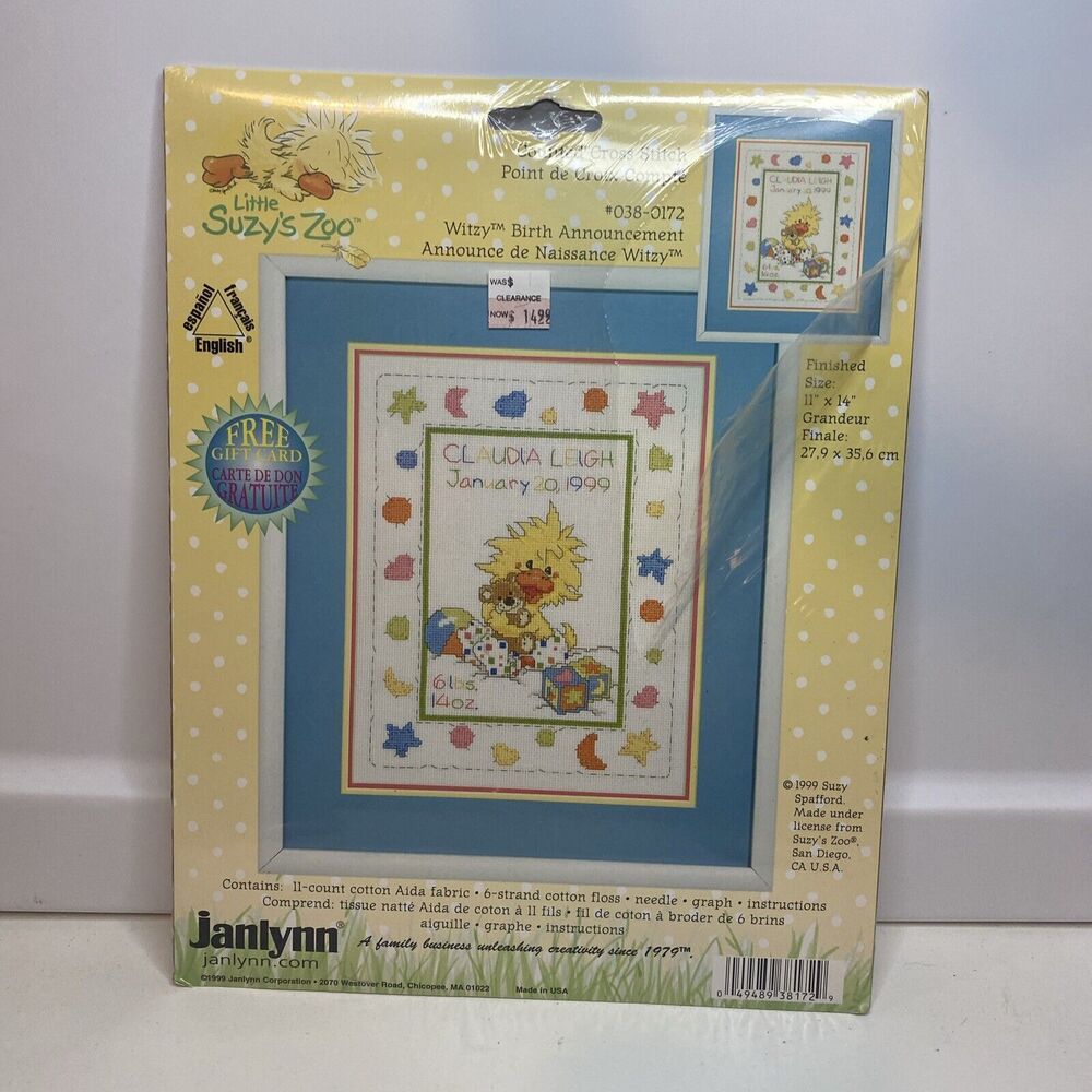 Janlynn Suzy's Zoo Witzy Birth Announcement Counted Cross Stitch Kit  11 " x 14"
